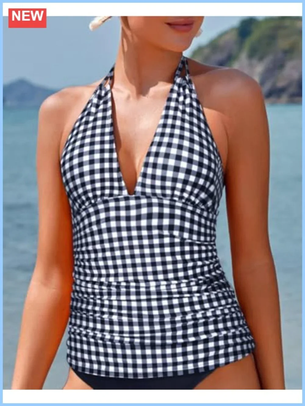 Women's Halter Tankini Top V-Neck Tummy Control Swim Top Ruched UPF 50+
